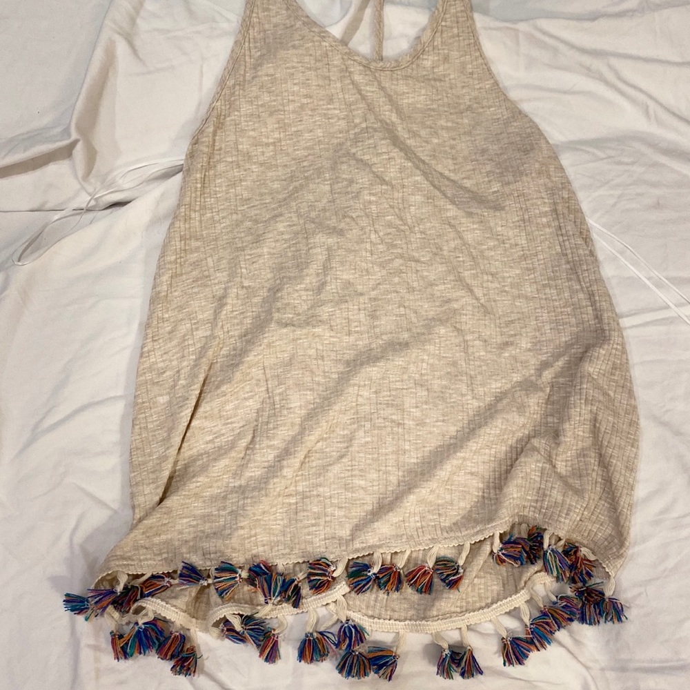 Tan tank top with colorful fringe